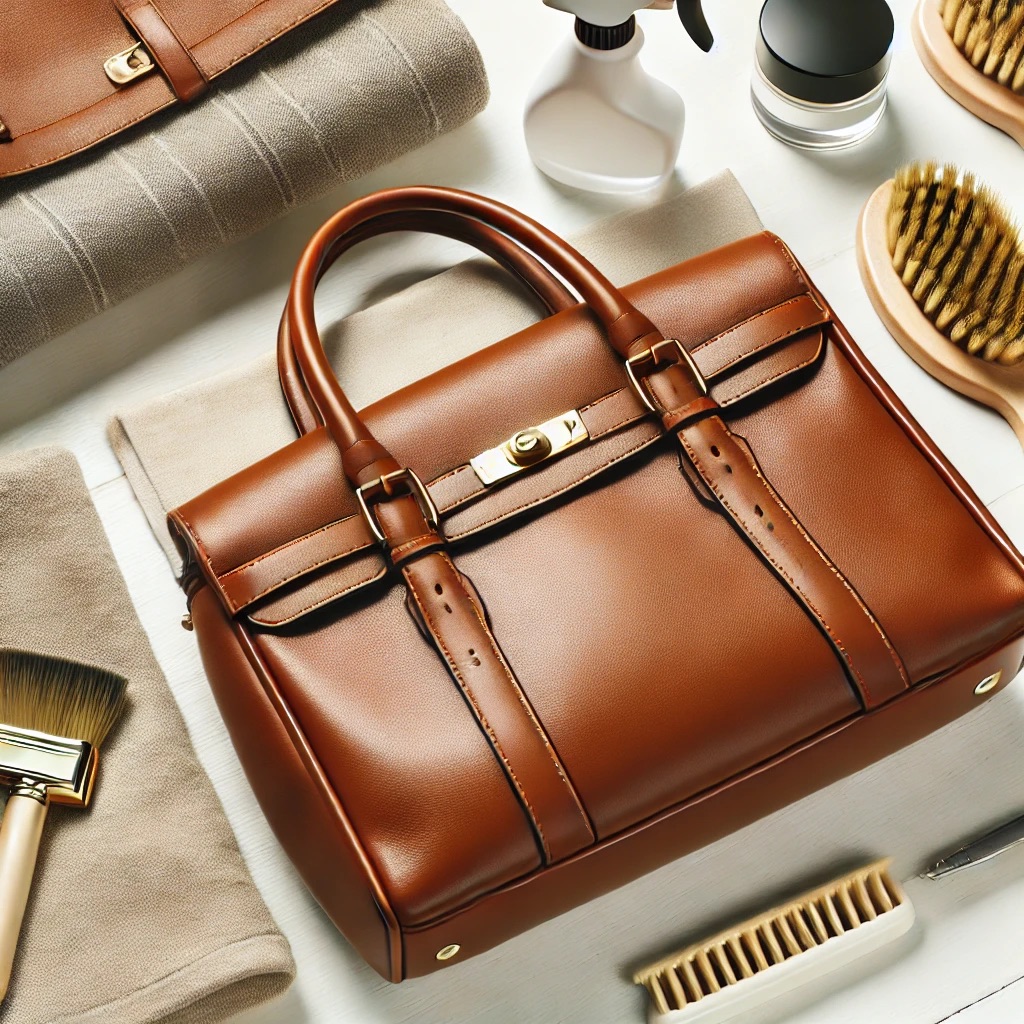 Picture of a leather bag and some of its maintenance tools.