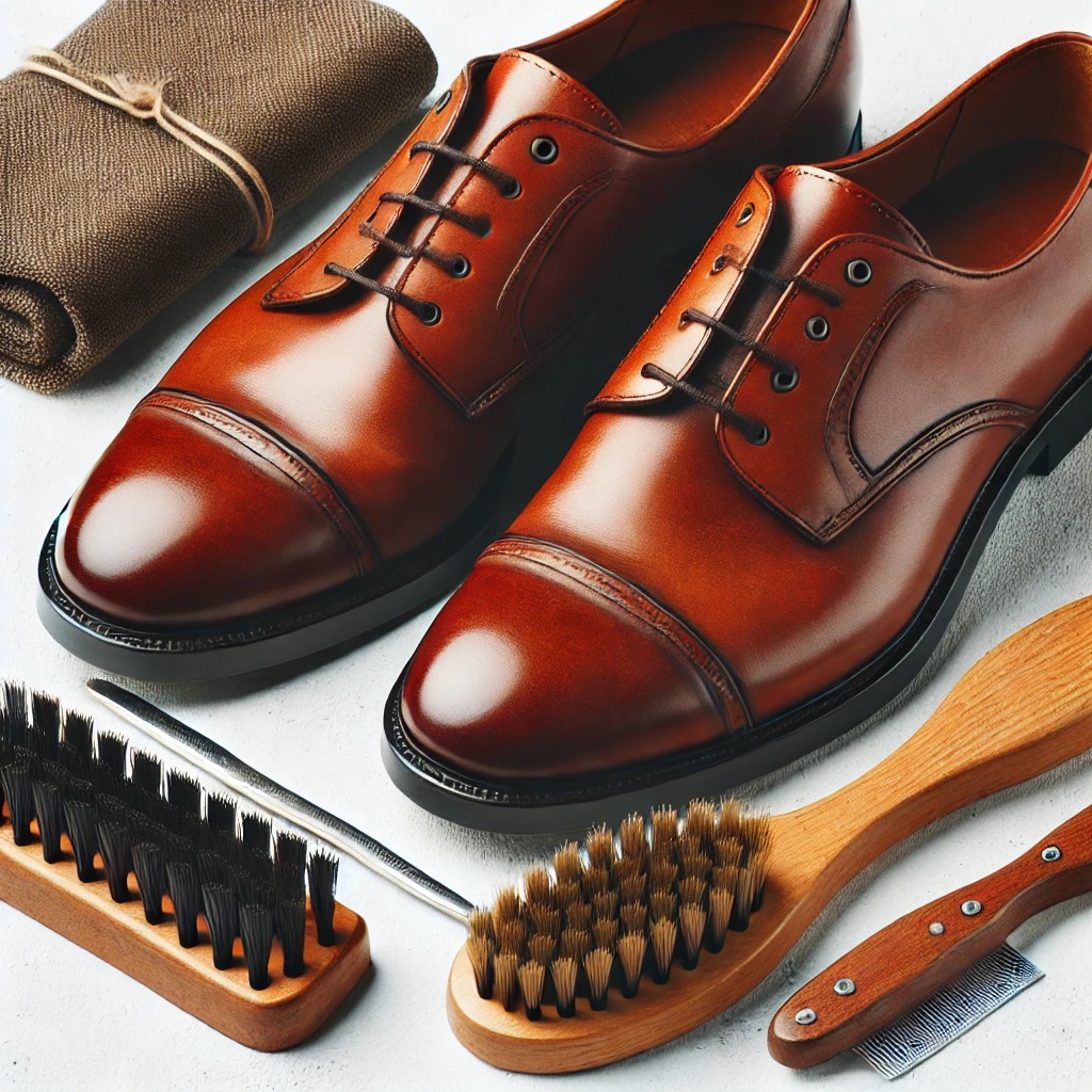 Picture of a leather shoes, 2 brushes and some other stuff.