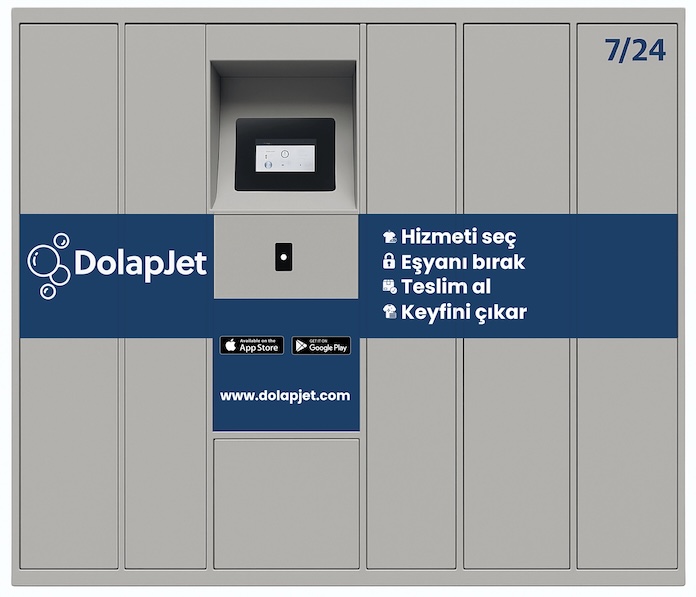 A grey wardrobe with multiple lockers in it. It has dolapjet logo and a screen at center. Smart locker.