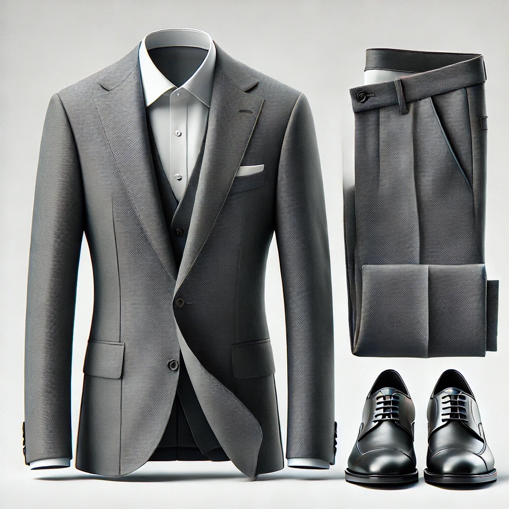 Picture of a suit jacket, pant and shoe.